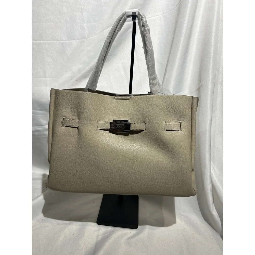 DKNY Beige Pebbled Leather Tote Bag Silver Hardware NWT